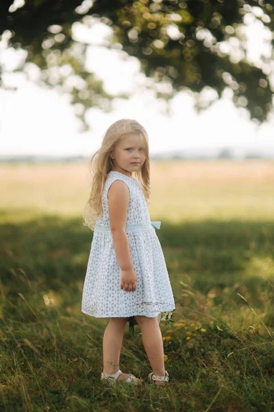 Niña en el cielo azul vestido de pie en el campo delante de un gran árbol — Foto de Stock