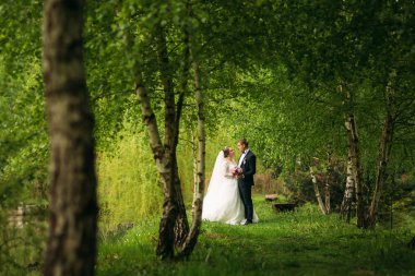 Yeni evliler düğün gününde parkta yürüyorlar. Gelin ve düğün gününde Enjoying damat