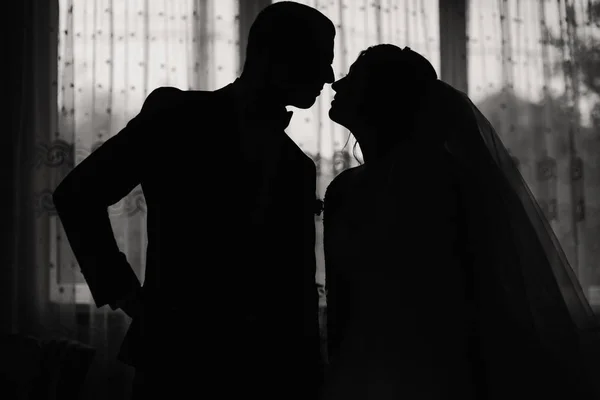Silhouet van bruidspaar thuis. zwart-wit — Stockfoto