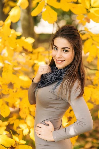 Jonge vrouw in mooie herfst pakr. Oktober atmosferische. Levensstijl foto van mooie jongedame — Stockfoto