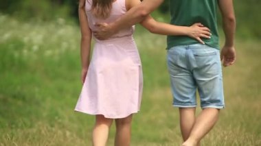 Elele ve alan yürüyen bir çift. Arkadan görünüm