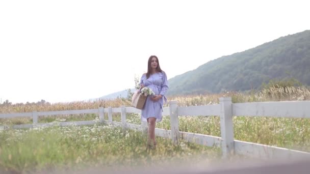 Hermosa mujer embarazada en vestido azul caminando escuchar la granja. Bolso de punto con ramo de flores. Antecedentes de árboles y montañas. Movimiento lento — Vídeos de Stock