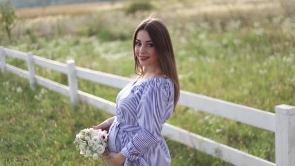 Attraktive Schwangere posiert vor der Kamera und lächelt. Frau stehen in der Natur und gehen Gedankenfeld in der Nähe des Hofes. Zeitlupe — Stockvideo