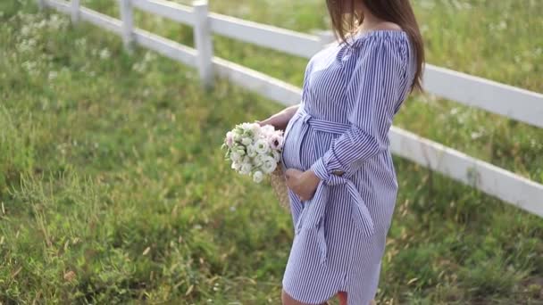 Vackra gravid kvinna poser till kamera och leende. Kvinna står i natur och promenader trodde fält nära gården. slowmotion Hd — Stockvideo