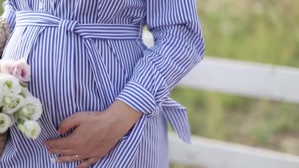 Nahaufnahme Von Schwangerschaftsbauch Der Natur Frau Hält Strauß Und Streichelt — Stockvideo