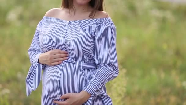 Vista de cerca de la hermosa mujer embarazada en vestido azul caminando escuchar la granja. Sonríe y feliz cámara lenta — Vídeo de stock