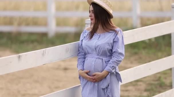 Έγκυος γυναίκα στο πόδι το καπέλο κοντά fance την. αγρόκτημα. Βάθος πεδίου — Αρχείο Βίντεο