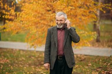 Bardaklarda sakallı yakışıklı bir yaşlı adam bir telefon kullanıyor. Sonbaharda parkta yürümek