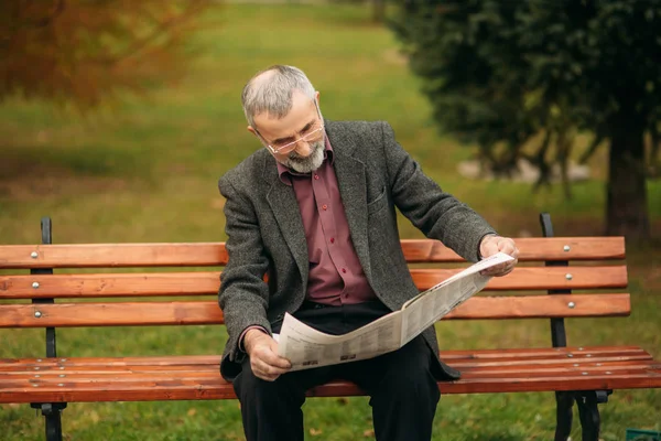 Hermoso abuelo con una hermosa barba en una chaqueta gris se sienta en un banco en el parque y lee un periódico —  Fotos de Stock
