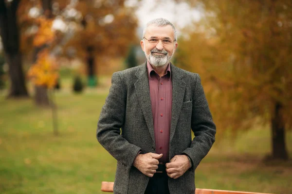 A nice grandfather with a beautiful beard wear a gray jacket — Stock Photo, Image