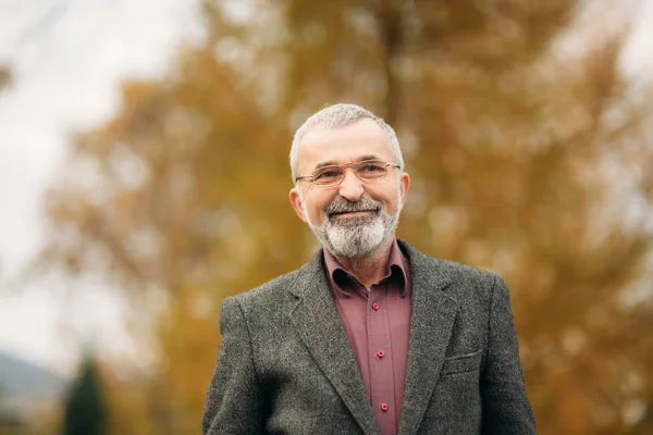 Handsome old man with well-groomed gray-haired beard. Smile and have fun