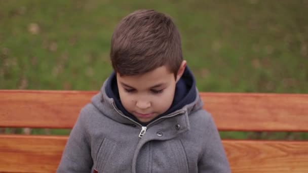 Liten pojke sitter på bänken i parken och leende till kamera. Stilig pojke i jacka. hösten. slowmotion — Stockvideo