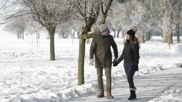 Um cara jovem e uma menina vestida com roupas quentes de inverno, desfrutar da presença uns dos outros em um parque de inverno nevado — Vídeo de Stock