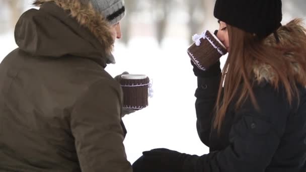 Um jovem casal em um inverno de conto de fadas é aquecido por uma bebida quente. Humor de crismas — Vídeo de Stock