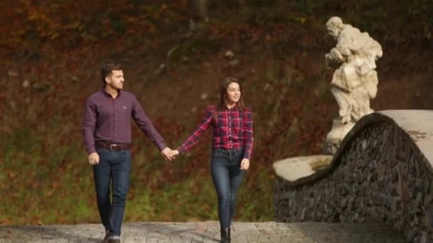 Мужчина и женщина гуляют по парку в осеннюю погоду — стоковое видео