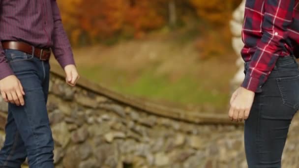 Uomo e donna che camminano nel parco in autunno — Video Stock