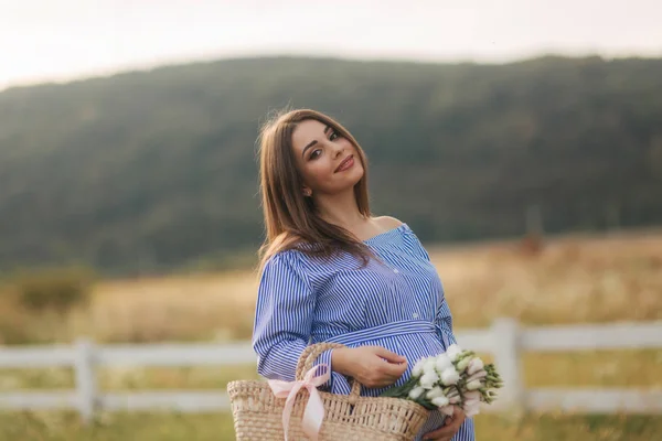 Mulher grávida atraente posa para câmera e sorriso. Mulher ficar na natureza e caminhando campo de pensamento perto da fazenda — Fotografia de Stock