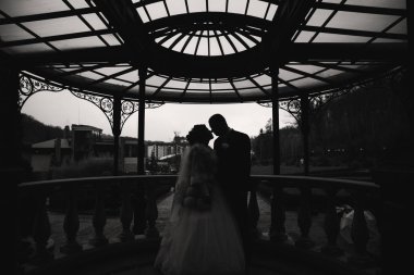 Onların düğün günü büyük bina yakınındaki çift standı