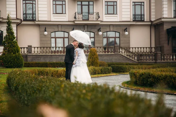 Noiva e noivo andando no parque no dia do casamento. Tempo de outono. Rair. Guarda-chuva casal — Fotografia de Stock