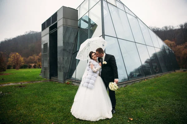 Groom and bride near the mirror building in in bad weather. They use umbrella