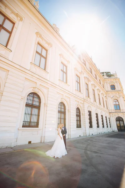 Caminhada de casal perto do grande palácio. Elegante noivo e noiva em suas roupas de casamento. Amor. — Fotografia de Stock