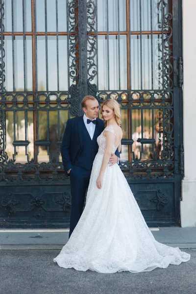 Noivo e noiva arrumado a grande porta do grande palácio — Fotografia de Stock