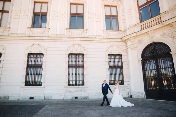 Çift büyük palace yanında yürümek. Zarif damat ve gelin düğün giysileri içinde. Aşk — Stok fotoğraf