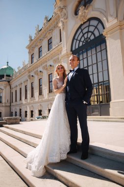 Damat ve gelin Wiena büyük sarayda merdivenlerde beklemede. Şık çift