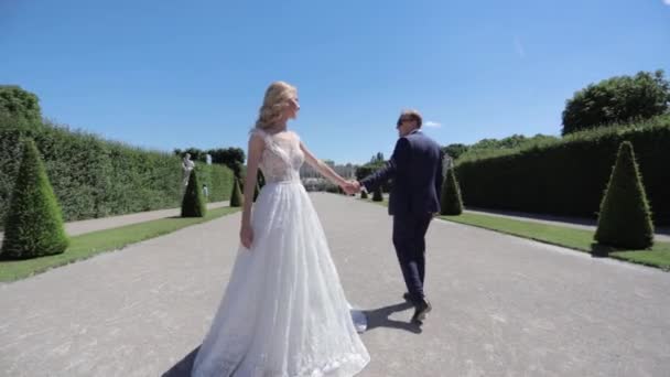 Beautiful young bride with her handsome groom walking in palace Belvedere — Stock Video