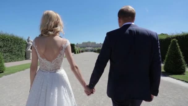 A jóképű vőlegény Belvedere palota séta a gyönyörű fiatal menyasszony — Stock videók