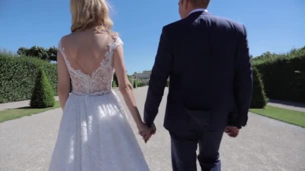 Beautiful young bride with her handsome groom walking in palace Belvedere — Stock Video