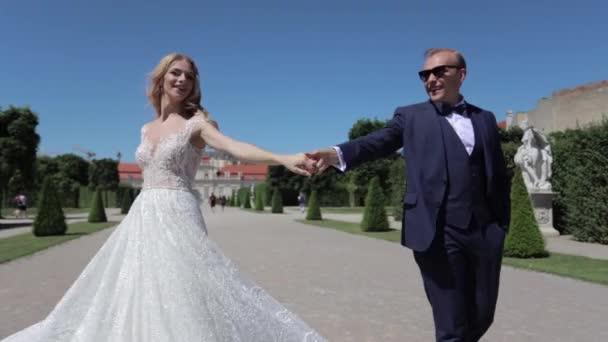 美丽的年轻新娘与她英俊的新郎走在宫殿丽城 — 图库视频影像