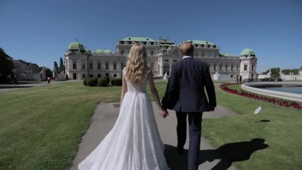 Mooie jonge bruid met haar knappe bruidegom lopen in Paleis Belvedere — Stockvideo