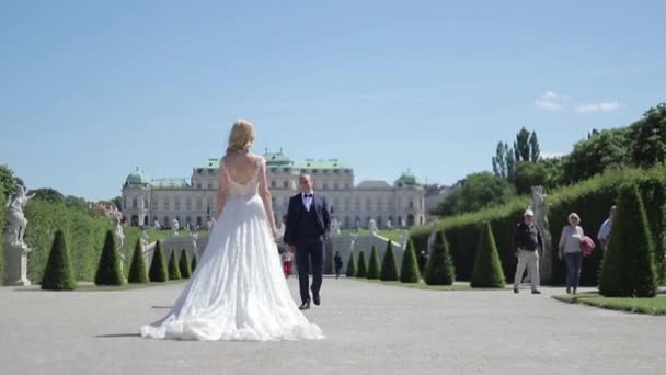 Pár chůze u velkého paláce. Elegantní ženich a nevěsta ve svých svatebních šatů. Láska — Stock video