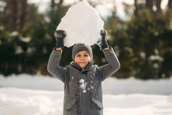 Little Boy play with snow. He take a snowballs and play