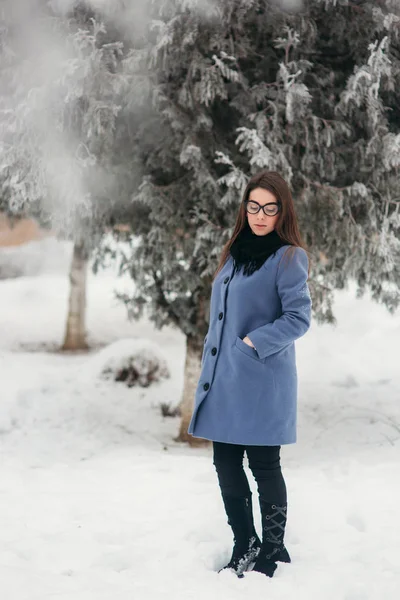 Szczęśliwy, piękną, młodą kobietę w okularach czarny sobie zimowy płaszcz koloru Kobalt niebieski i czarny szalik pokryte płatki śniegu — Zdjęcie stockowe