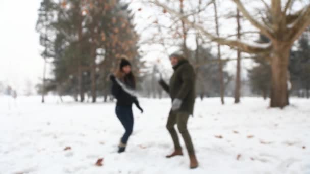 在童话般的冬日天气里, 一对相爱的情侣玩雪球。慢动作 — 图库视频影像