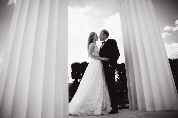 Casamento na Grécia. noivo e noiva ficar perto da grande coluna — Fotografia de Stock