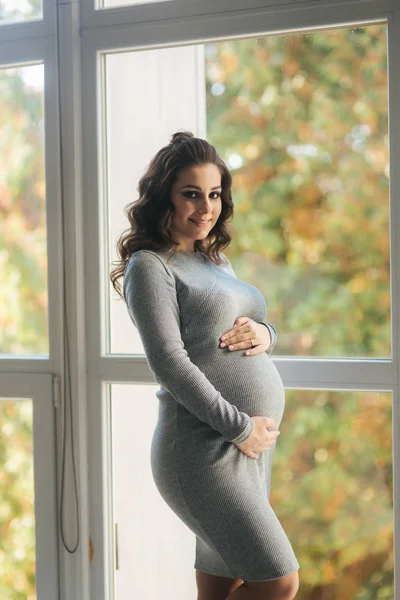 Schwangere in einem schönen grauen Kleid steht am Fenster und streichelt ihren Bauch — Stockfoto