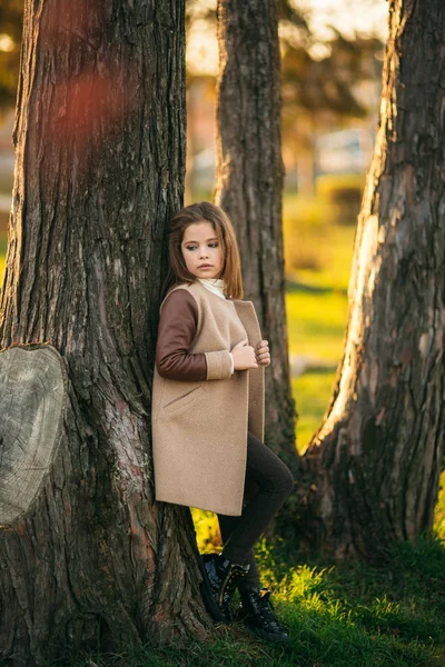 Klein meisje in de herfst jas stand in de buurt van de boom — Stockfoto