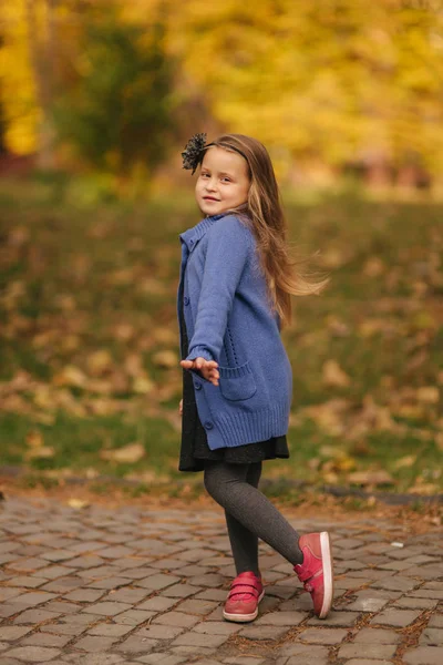 Retrato de menina no parque de outono. Modelo menina posa para fotógrafo. Criança feliz — Fotografia de Stock