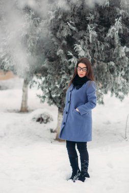 Kış ceket renk mavi kobalt ve siyah atkı siyah gözlük güzel mutlu genç kadınla kar pul ile kaplı