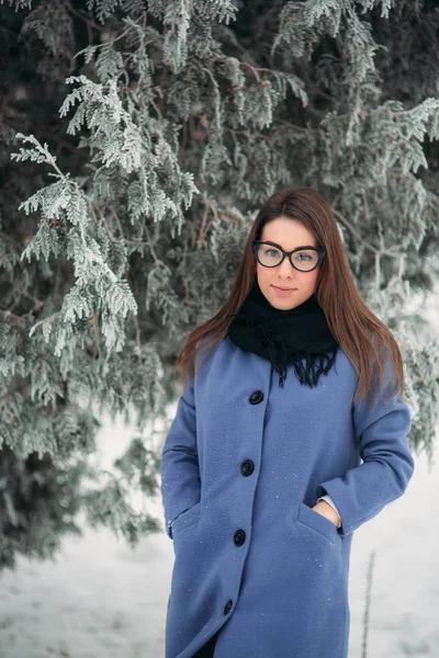 Mulher jovem feliz bonita com óculos pretos vestindo inverno casaco cor azul cobalto e cachecol preto coberto com flocos de neve — Fotografia de Stock