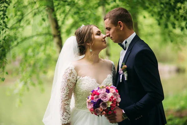 Noivo e noiva se beijam em seu dia de casamento — Fotografia de Stock