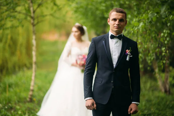 Yeni evliler düğün gününde parkta yürüyorlar. Gelin ve düğün gününde Enjoying damat — Stok fotoğraf