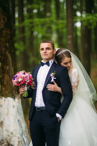 Romantyczna para nowożeńcy w środku lasu — Zdjęcie stockowe