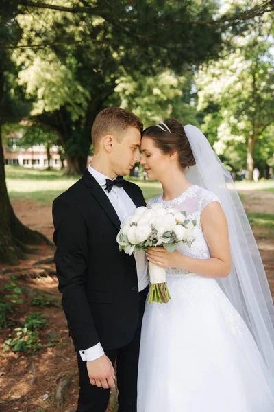 Os recém-casados estão andando no parque no dia do casamento. Apenas um casal. noivo e noiva no fundo verde — Fotografia de Stock