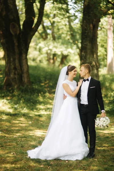 Ein glückliches Paar spaziert am Hochzeitstag durch den Park. Bräutigam und Braut — Stockfoto