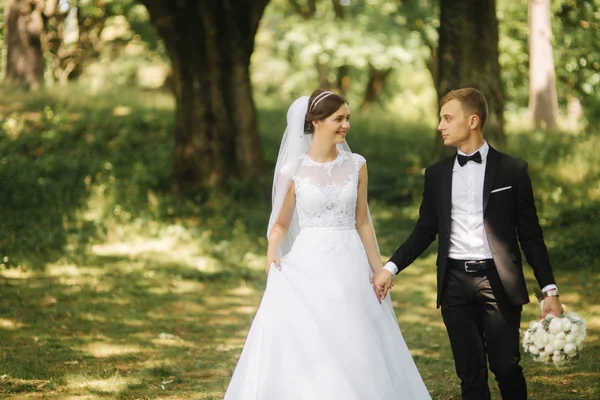 Una coppia felice passeggia nel parco il giorno del matrimonio. Sposo e sposa — Foto Stock