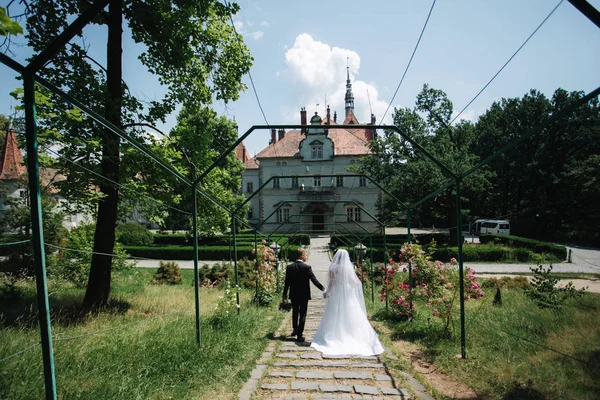 Damat ve gelin büyük castle yakınındaki park yol gösterecek — Stok fotoğraf